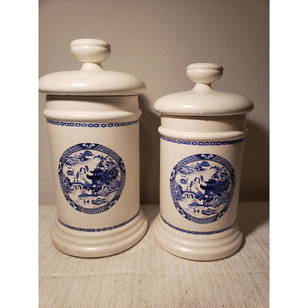 McCoy Pottery Blue Willow Asian 8.5" & 7.5" White Canister W/ Lids  2 Pc Vintage